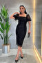 Full Beaded Square Neck Pencil Dress - Black - 2