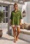 Dark Green Shirt Collar Short Sleeve Buttoned Mesh Pocket Embroidered Casual Cotton Woven Blouse 70 60 - 7