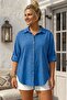 Cobalt Blue Shirt Collar 3/4 Sleeve Buttoned Embroidered Perforated Embroidery Casual Cotton Woven Shirt 70 60 - 3