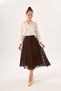 Brown Floral Patterned Knee-Length Tulle Skirt with Elastic Waistband