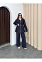 Navy Blue Women's Premium Set with Flowy Cotton Texture and Layered Detail with Waist Belt - 7