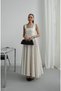 Wide Flared Skirt with Waist Bow Tie Square Neckline Polka Dot Design Long Stylish Innocence Museum Dress