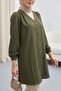 Buttoned V-Neck Jacquard Crinkle Tunic -Khaki - 2