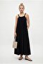 Women's Deep Lined Beaded Halter Neck Pocketed Long Woven Black Dress - 2