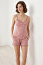 Women's Powder Floral Patterned Lace Strap Shorts Pajama Set Comfortable Home Wear