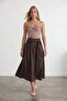 Women's Brown Tie-Waist Zippered Lined Midi Poplin Skirt Alc-X15519