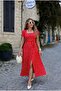 Buketli̇ Women's Square Collar Large Polka Dot Belted Slit Short Sleeve Combed Cotton Long Dress - 4