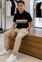 6-15 Years Old Boys' White Striped Polo Collar T-Shirt Black Fabric Trousers Stylish Combination - 3