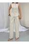 Women's Beige Vest and Pants Double Linen Set - 5