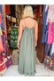 Khaki Color Thin Strap Ruffled Italian Linen Dress - 3