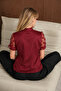 Women's Burgundy Halter Neck Satin Blouse with Ruched Sleeves Arm-26Y001067 - 2