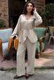 Beige V-Neck Buttoned Belted Double Modal Women's Suit Mg2619 - 3