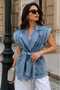 Levure Women's Belt and Sleeve Ends with Staple Detail Open Double-Breasted Loose Oversized Denim Vest