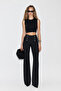 Women's Black Striped Button Detail Flared High Waist Trousers