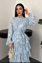 Women's Embroidered Jacquard Fabric Layered Flounce Belted Midi Dress - 3