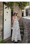 Women's Black and White Polka Dot Halter Neck Backless Slit Long Dress - 2