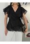 Black Flounce Front Tie-Up Shiny Chiffon Fabric Blouse - 6