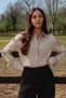 Women's Beige Shirt with Slit Sleeves and Lace Detail Arm-26Y001058