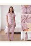 Lilac Floral Patterned Boat Neck Buttonless Twill Fabric Bow Detail Cotton Short Sleeve Pajama Set - 3