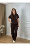 Women's Brown T-Shirt Pants Set Elastic Waist Striped and Pocket Detailing Comfortable Summer Suit - 2