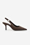 Women's Stiletto Pointed Toe Open Back Elasticated Gold Buckle Short Thin Heeled Shoes Henka Brown Suede