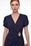 Women's Navy Blue Double Breasted Collar Short Sleeve Midi Event Dress - 3