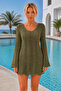 Women Front Back V-Neck Long Spanish Sleeve Back Tie Cotton Khaki Mini Swimsuit Top Beach Dress - 5