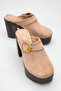 Celeste Rosetti Mink Suede Women's Daily Stylish Buckle Belt Detailed Closed Front Sabo Comfortable Platform Sole Thick Heeled Slippers