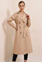 Women's Double-Breasted Collared Belted Mink Trench Coat - 2