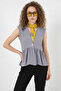 Women's V-Neck Gathered Waist Buttoned Zero-Sleeve Gray Blouse - 2