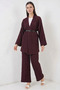 Women's V-Neck Belted Burgundy Two-Piece Set - 3