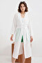 Women's V-Neck Belted Slit White Kimono - 5