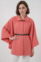 Women's Shirt Collar Belted Cotton Salmon Poncho - 2