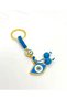 Blue Slanted-Eyed Metal Keychain with String and Stone, Metal Evil Eye Beaded Keychain - 5