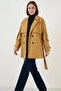 Women's Belted Collar Belted Oversize Cotton Mustard Coat - 2