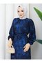 Women's Long Hijab Stylish Dress - Belted Cesika Fabric Print Pattern Hijab Dress Long Sleeve 140cm Length - 6