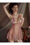 Sexy Pink Ruffle Lace Sheer Babydoll Nightgown, Pearl Chain Deep V Adjustable Strap Open Back Outfit for Romantic Date & Intimate Night Occasions - 2