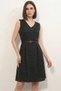 Women's V-Neck Belted Polka Dot Black Dress - 3