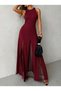 Women's Strappy Crew Neck Asymmetrical Hem Tulle Detailed Long Imported Crepe Dress