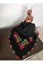 Handmade Black Color Writing Shawl with Hand-Embellished Sequins and Needlework on the Edges - 5