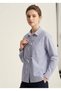 Women's Dark Blue White Striped Oversized Shirt with Bow Detail - 2