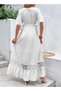 Women's V-Neck Lace Maxi Dress, Summer Boho Elastic Smocked Waist Dresse with Ruffled Sleeve, White - 3