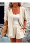 Women's Open-Front Short-Sleeved Wrinkled Jacket and Shorts Two-Piece Set - 3