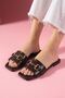 Lindos Brown Wrinkled Patent Leather Stylish Women's Daily Slippers with Gold Buckle