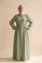 Olive Green Women's 100% Cotton Muslin Fabric Waist-Tied Drawstring Buttoned High Collar Long Hijab Dress Anti-Sweat Summer Dress - 3