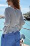 Gray Boat Neck Washed Dirty Stitched Mesh Cotton Loose Woven Blouse 50 55 - 3