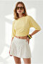 Women's Yellow Crew Neck Bat Drape Detailed Crop Blouse Blz-19003386 - 2