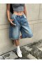 Women's Blue Washed Tasseled Loose Denim Shorts