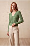 Women's Green Corded Camisole Regular Fit V-Neck Long Sleeve Buttoned Crop Blouse Kyara - 6