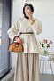 Premium Segmented Balloon Sleeve Poplin Blouse - Beige - 8